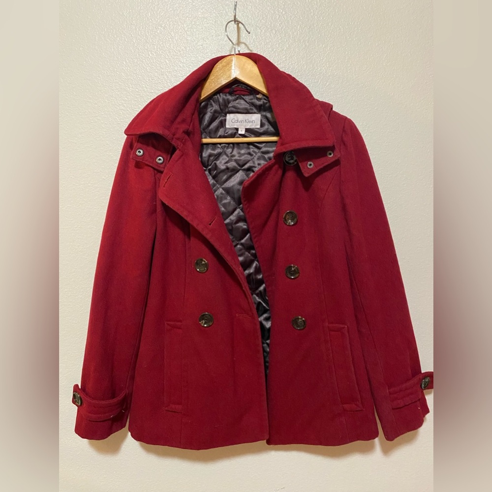Calvin Klein Wool Blend Women's Double Breasted Hooded Peacoat Cherry Red Size 8